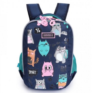 Grizzly,Школьный рюкзак для девочки, синий, забавные коты, RG-969-2