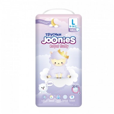 Joonies Подгузники-трусики Royal Fluffy размер L (9-14 кг) 44 шт купить по низкой цене в интернет магазине 4cleaning.ru